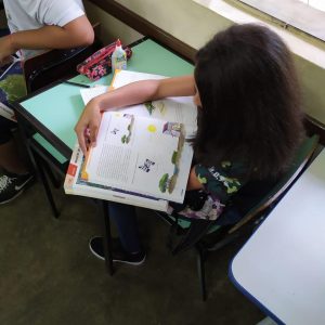 Estudantes da Escola Municipal Dora Tomich Laender utilizando material adquirido pelo PIBID